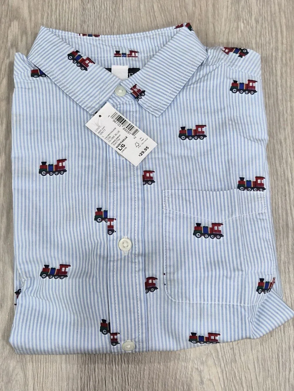 The Children's Place Blue Striped Train-Print Button Shirt - Size Large (10/12)
